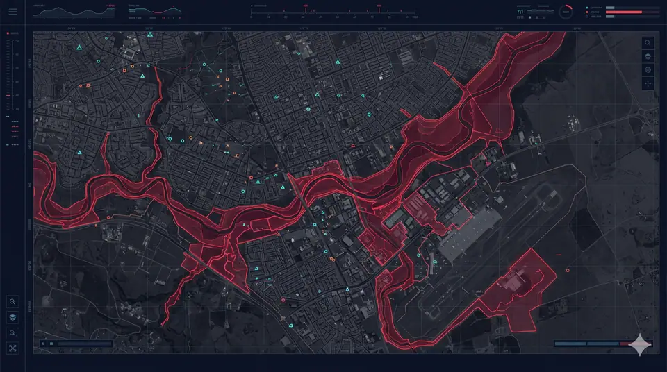 Flood-risk analytics interface with exposure zones highlighted