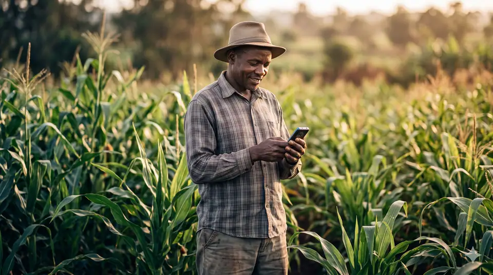 Smallholder farmer checking a phone in a maize field