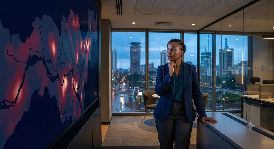 Insurance analyst studying a river-basin flood-risk heatmap, Nairobi skyline behind her